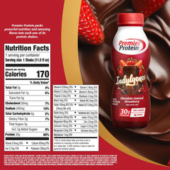 Premier Protein Indulgence decadent dark chocolate bottle highlights indulgent flavor and 30g protein.