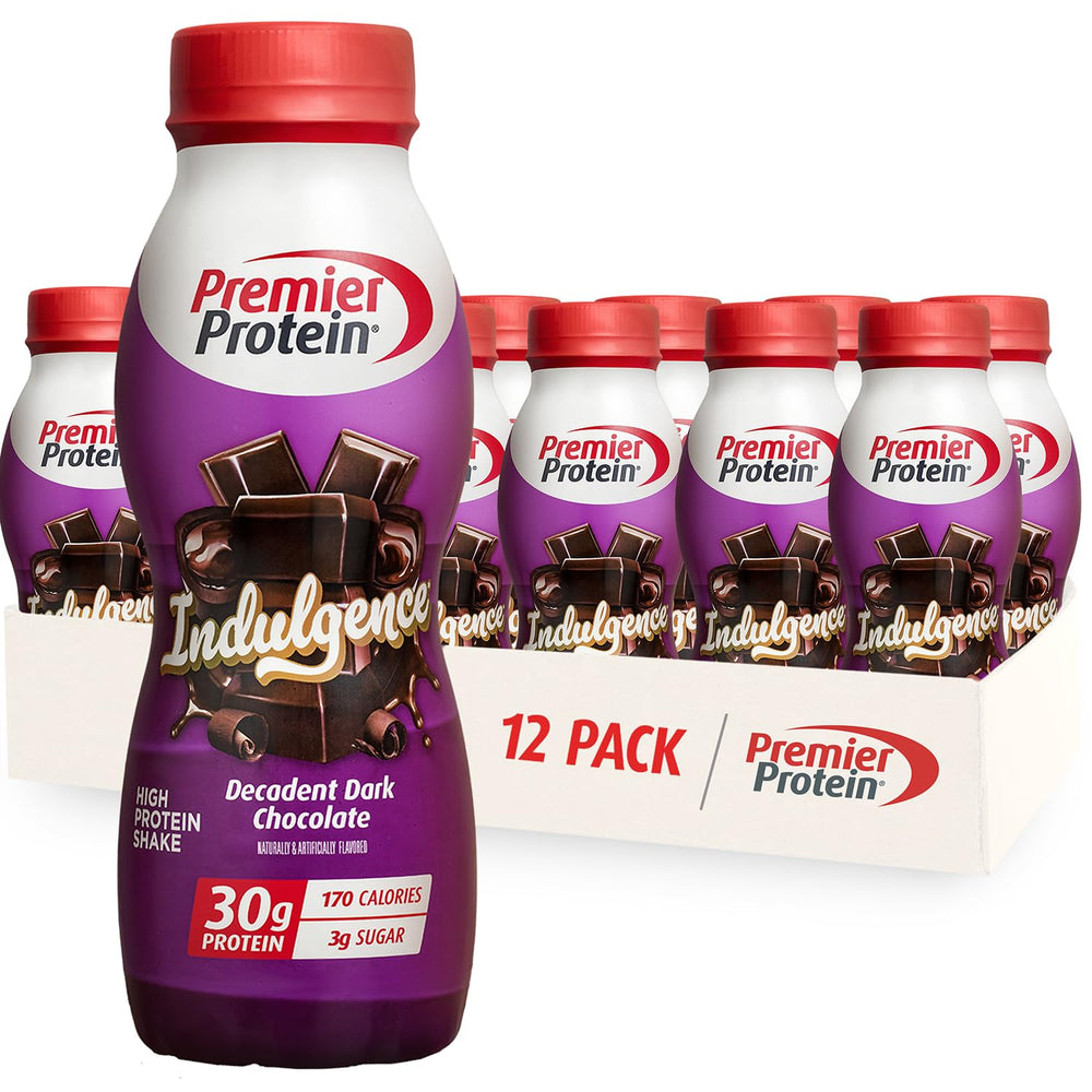 Premier Protein Indulgence dark chocolate bottle highlighting 30g protein for fullness