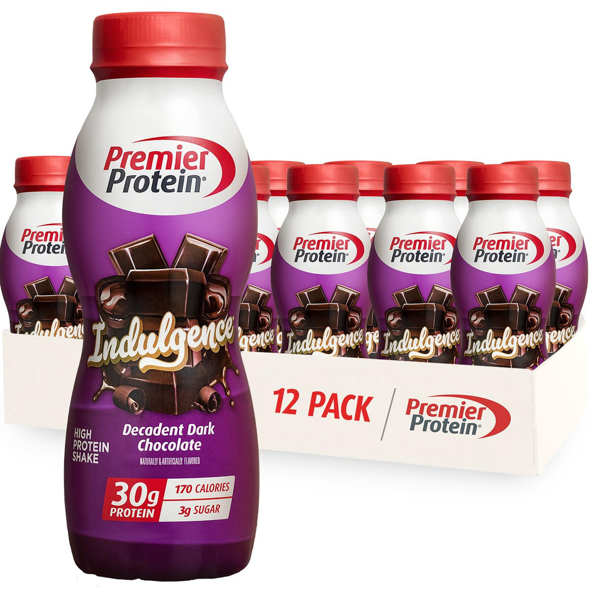 Premier Protein Indulgence dark chocolate bottle highlighting 30g protein for fullness