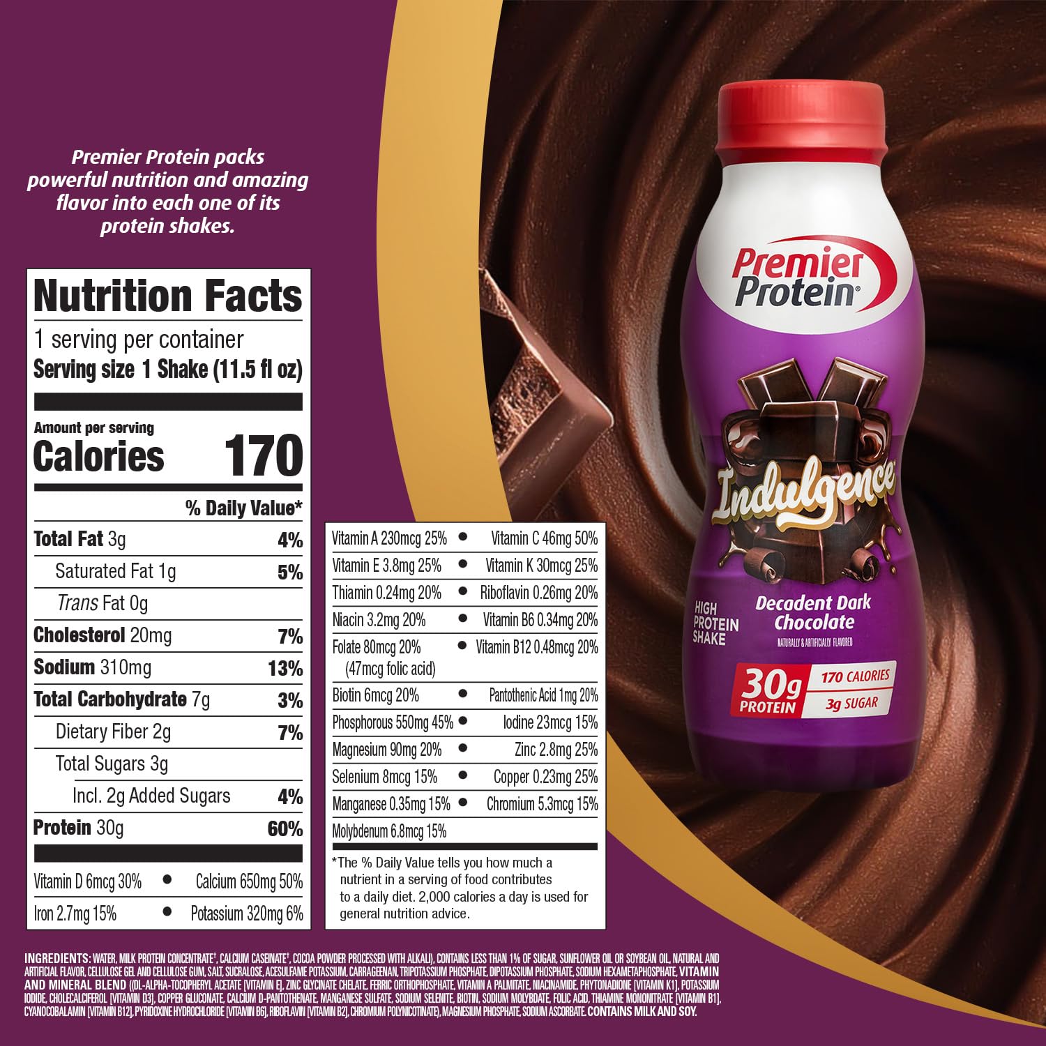 Premier Protein Indulgence dark chocolate pour showcases creamy texture for dessert-like satisfaction