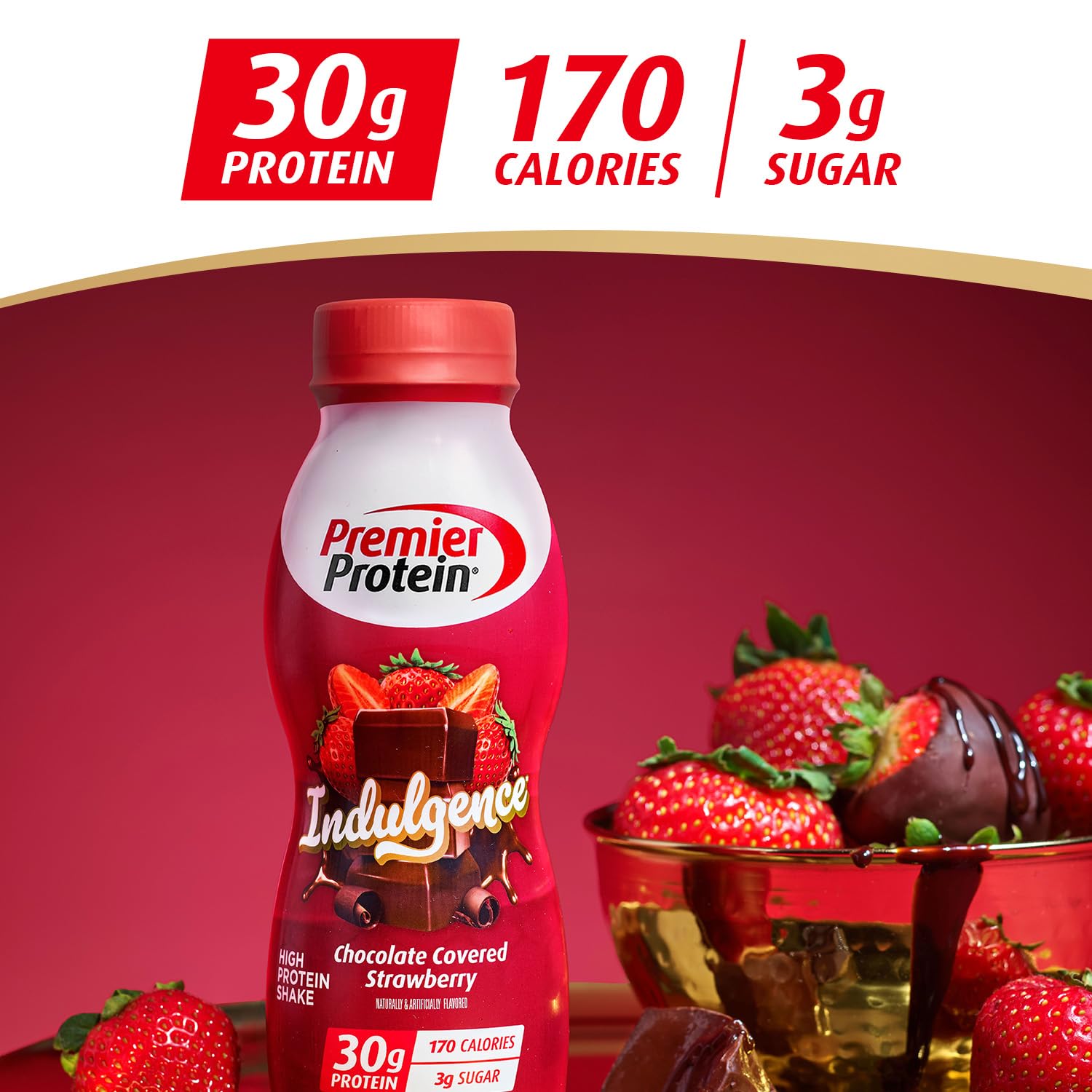 Premier Protein Indulgence pour into glass emphasizes smooth texture and protein-rich beverage.