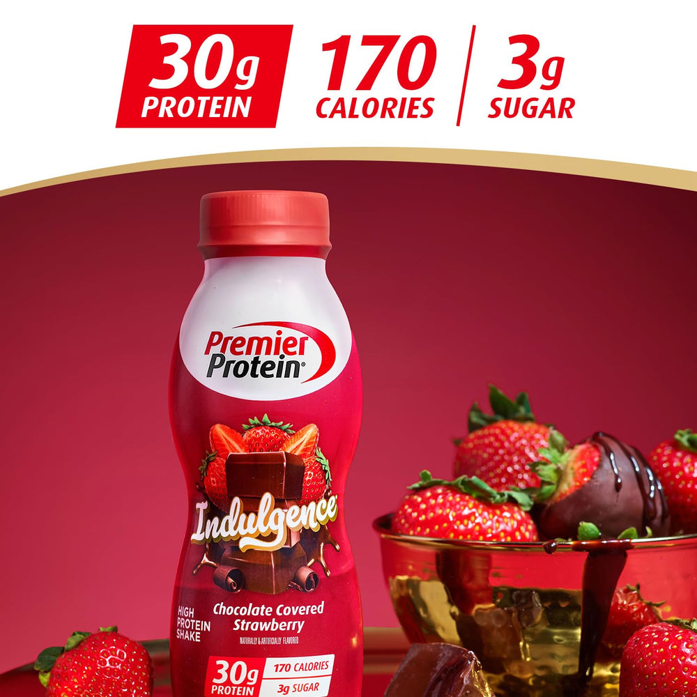 Premier Protein Indulgence pour into glass emphasizes smooth texture and protein-rich beverage.