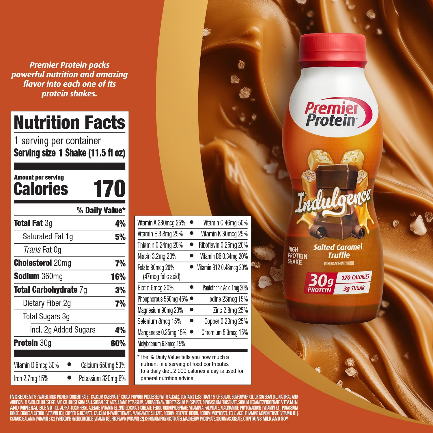 Premier Protein Indulgence Salted Caramel Truffle pour into glass for a satisfying recovery shake