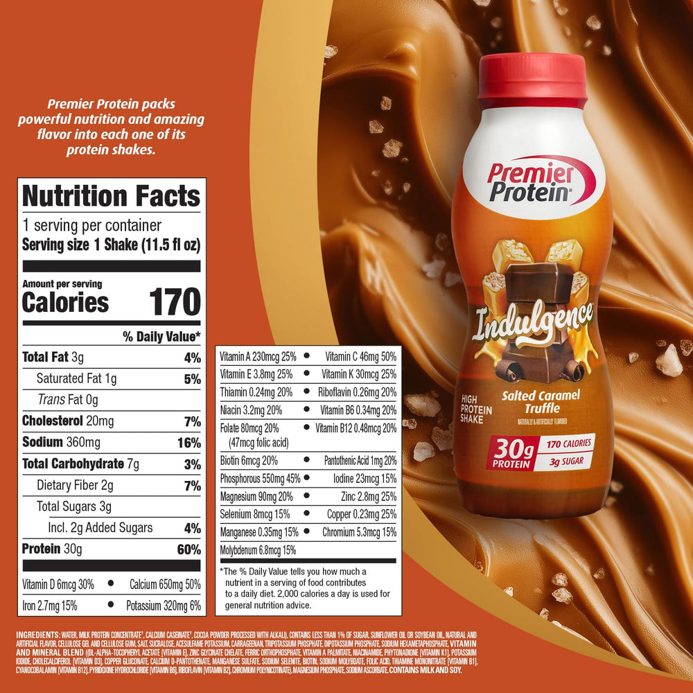 Premier Protein Indulgence Salted Caramel Truffle pour into glass for a satisfying recovery shake
