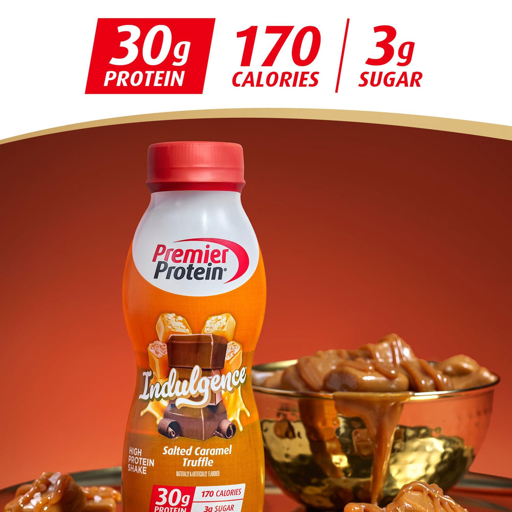 Premier Protein Indulgence Salted Caramel Truffle swirl emphasizes dessert-like flavor