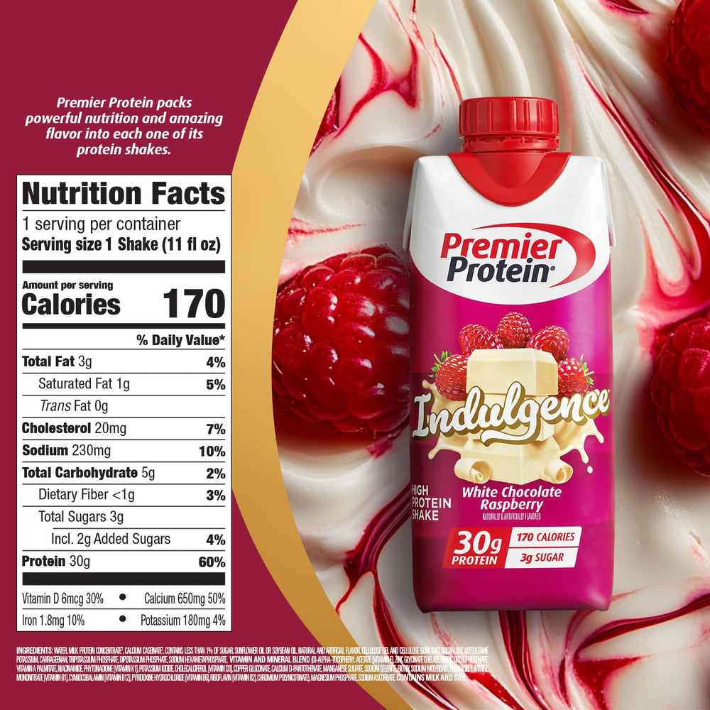 Premier Protein Indulgence bottle front view highlighting white chocolate raspberry flavor for convenience