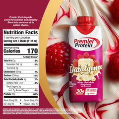 Premier Protein Indulgence bottle front view highlighting white chocolate raspberry flavor for convenience