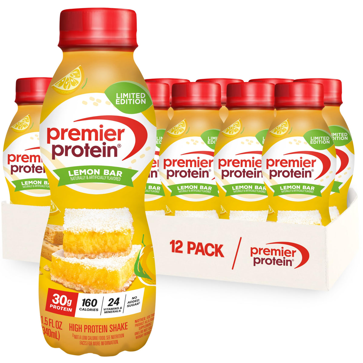 Premier Protein Lemon Bar shake bottle for an on-the-go protein boost
