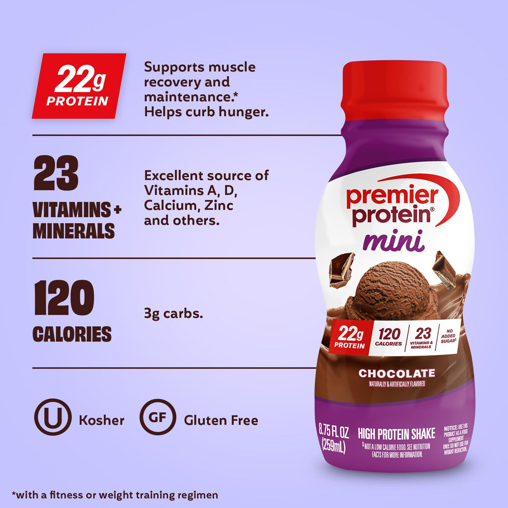 Premier Protein Minis caramel bottle suggesting a tasty treat after workouts.