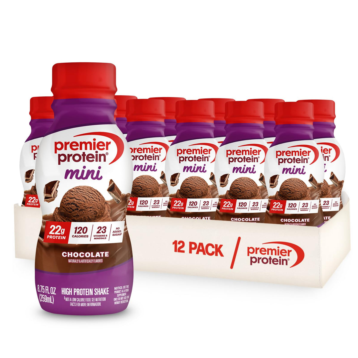 Premier Protein Minis chocolate bottle with smooth, creamy shake for on-the-go fueling.