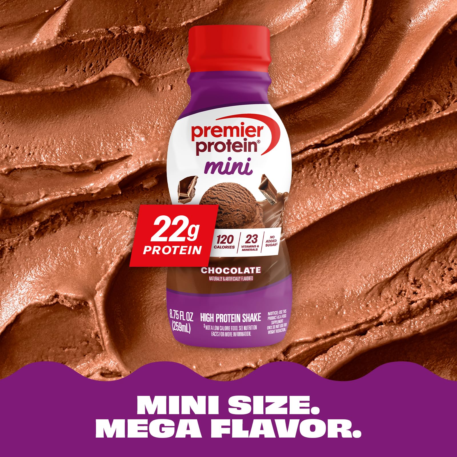 Premier Protein Minis creamy-texture close-up showcases rich chocolate flavor.