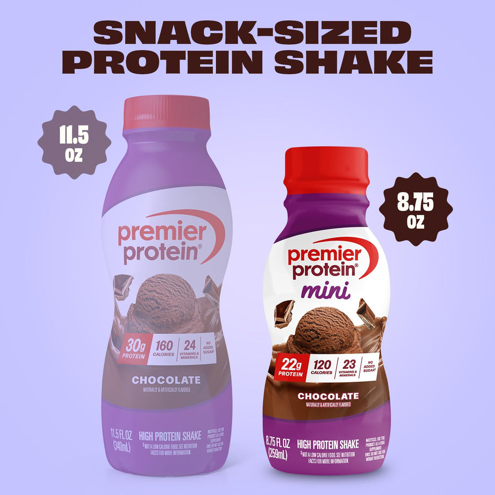 Premier Protein Minis nutrition panel close-up emphasizes 23 vitamins and minerals.