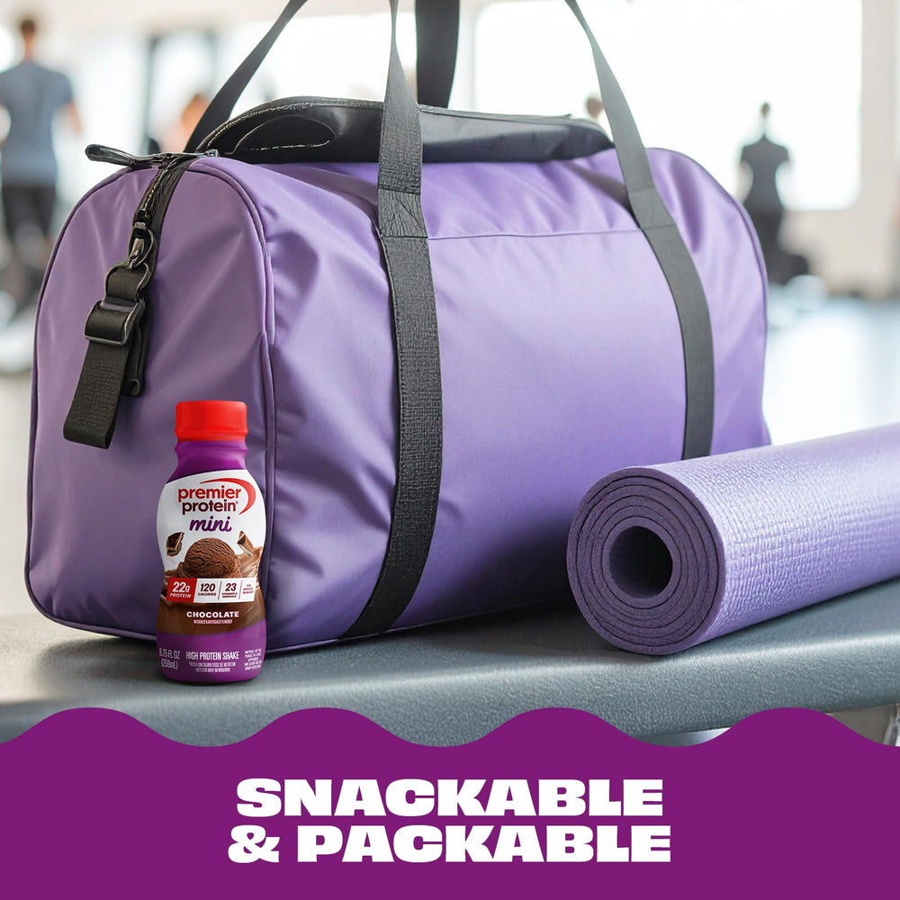 Premier Protein Minis post-workout snack in gym bag ready to sip.