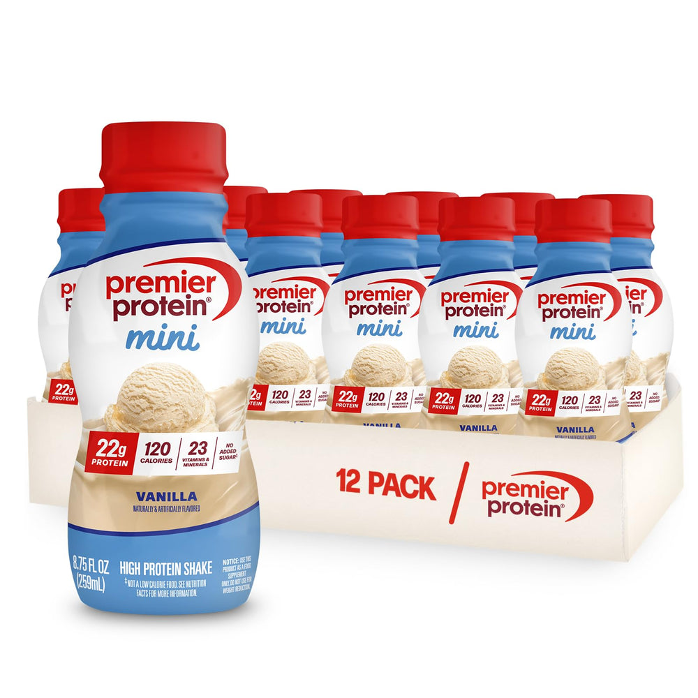 Premier Protein Minis Vanilla bottle front view for a quick protein boost.