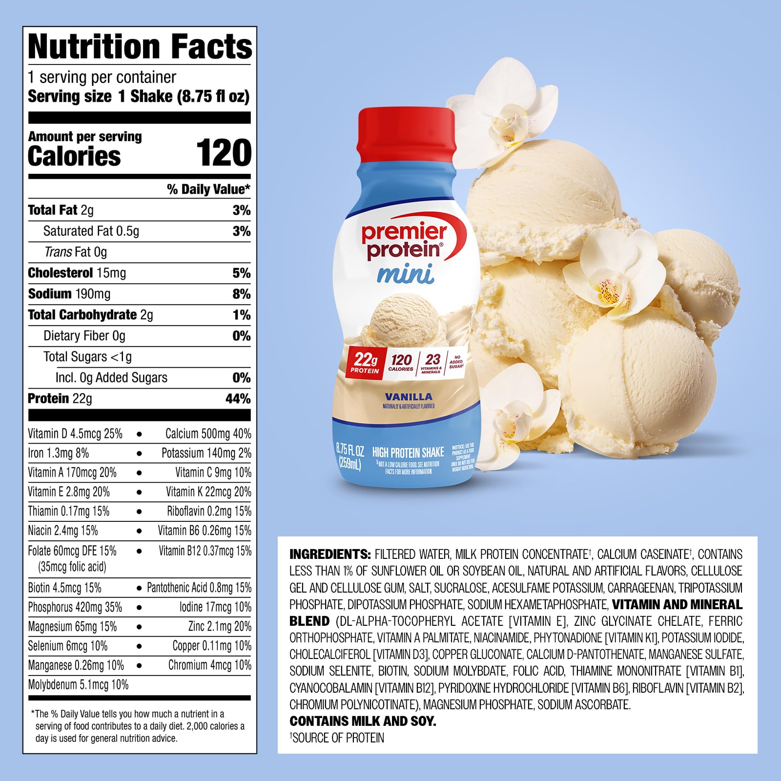 Premier Protein Minis Vanilla bottle being poured for a post-workout recharge.