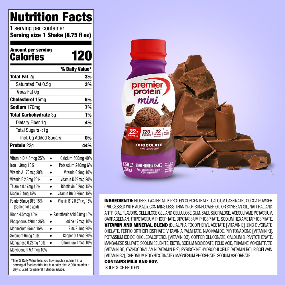 Premier Protein Minis vanilla bottle highlighting a versatile, quick snack option.