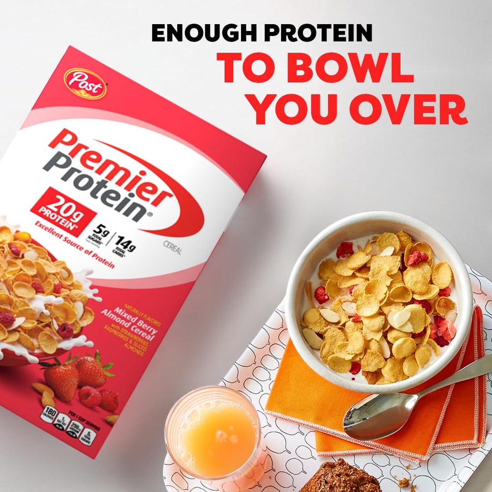 Premier Protein Mixed Berry Almond Cereal being poured for breakfast