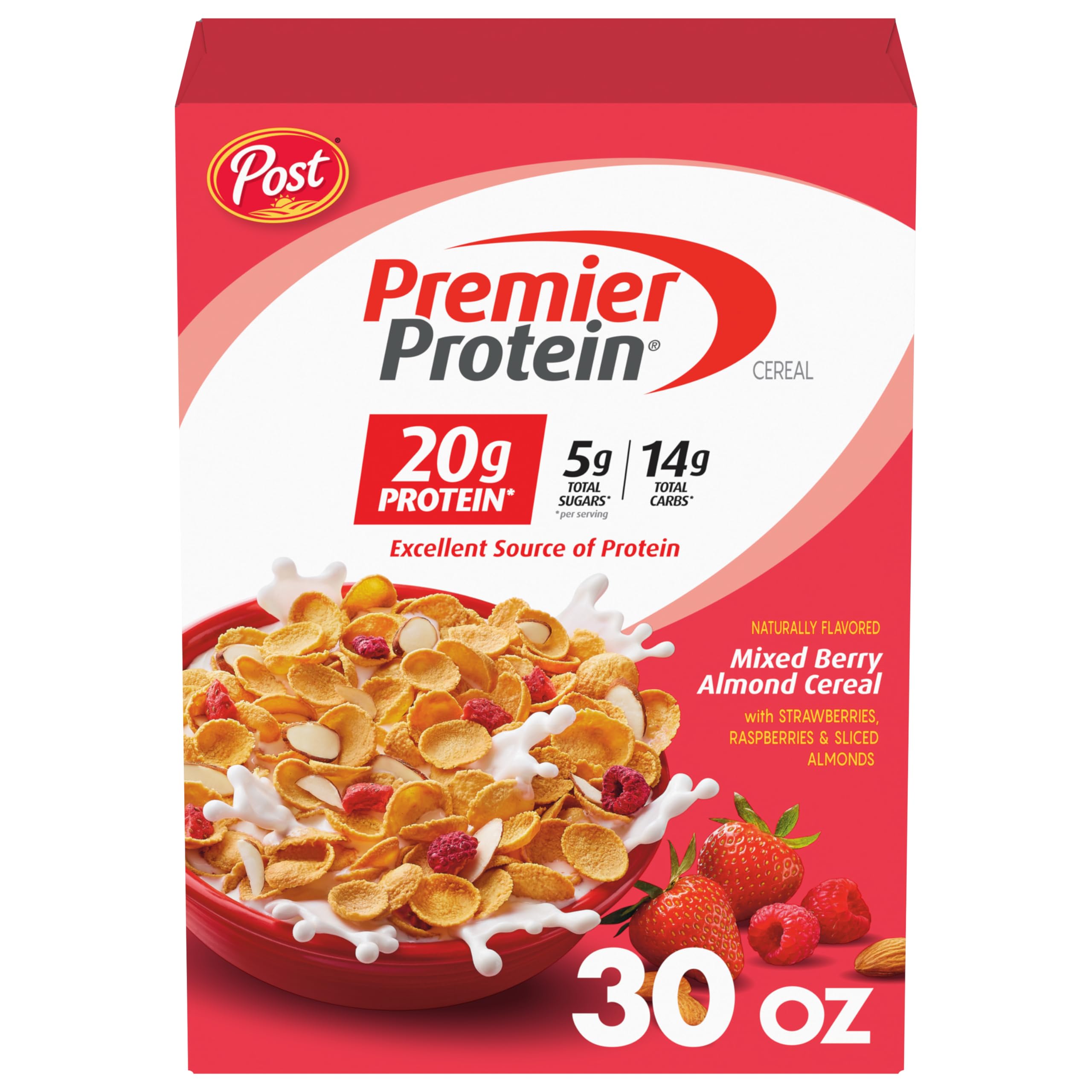 Premier Protein Mixed Berry Almond Cereal bowl with berries and almonds for a protein-packed breakfast
