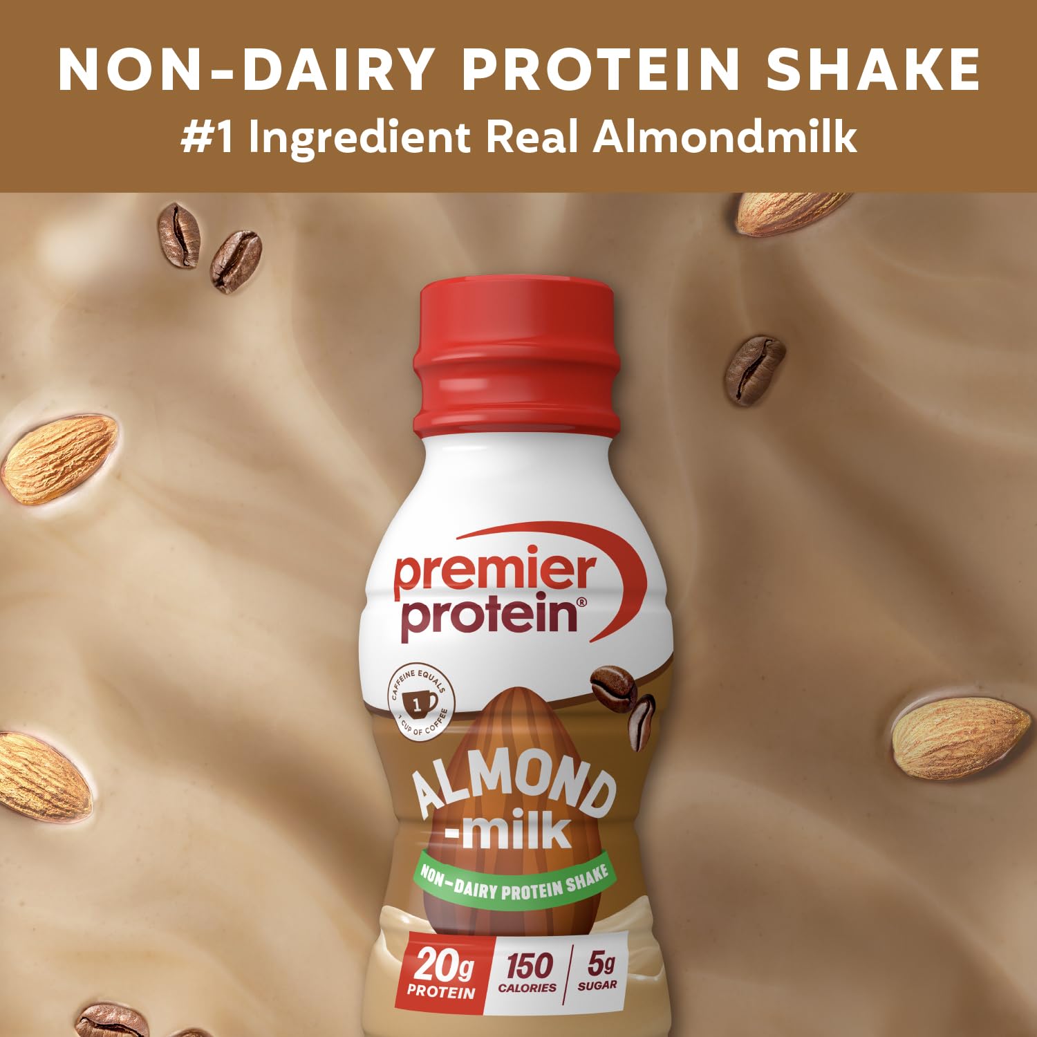 Premier Protein non-dairy almondmilk shake label view emphasizing clean ingredients