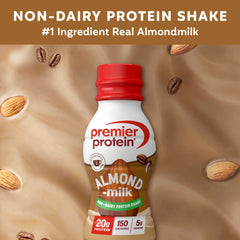Premier Protein non-dairy almondmilk shake label view emphasizing clean ingredients