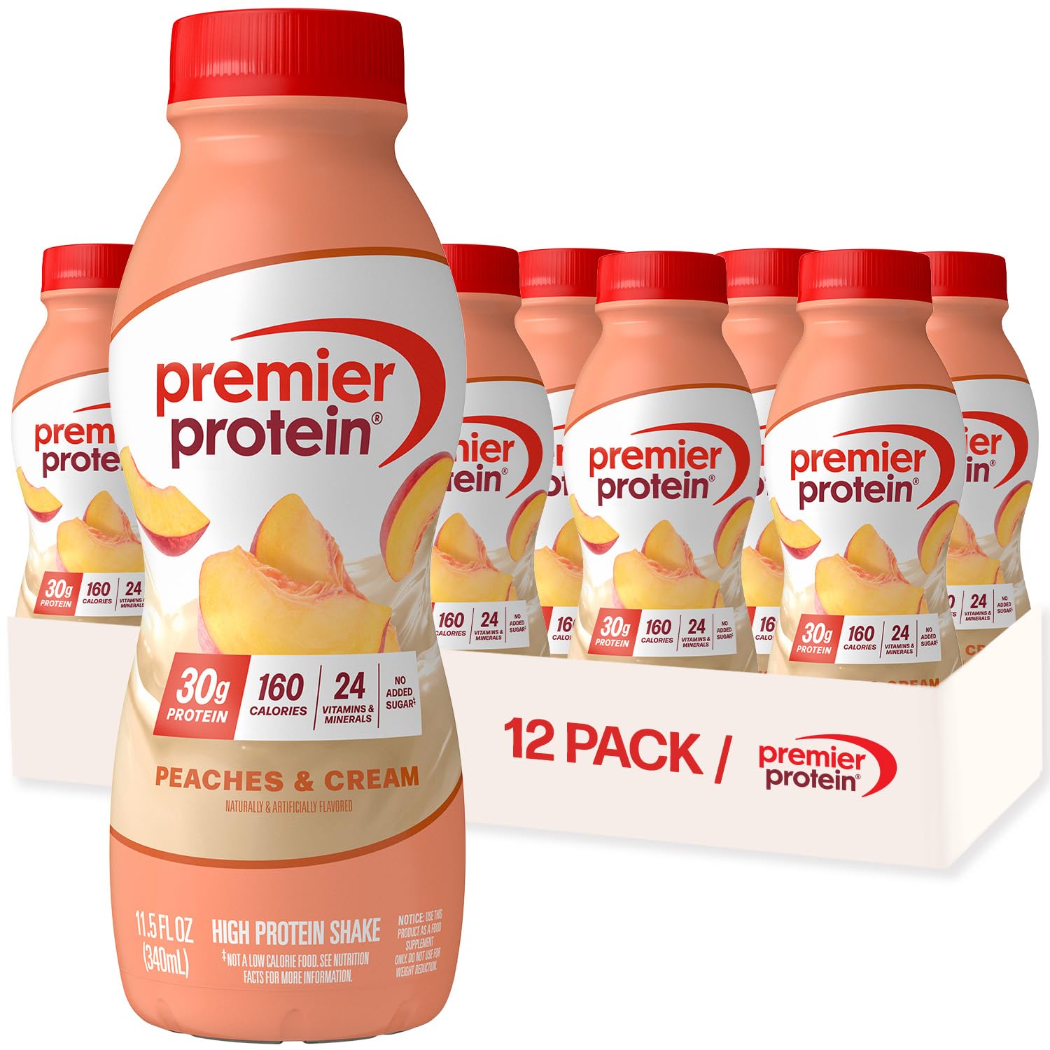 Premier Protein Peaches & Cream bottle highlighting high-protein on-the-go nutrition.