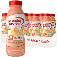 Premier Protein Peaches & Cream bottle highlighting high-protein on-the-go nutrition.