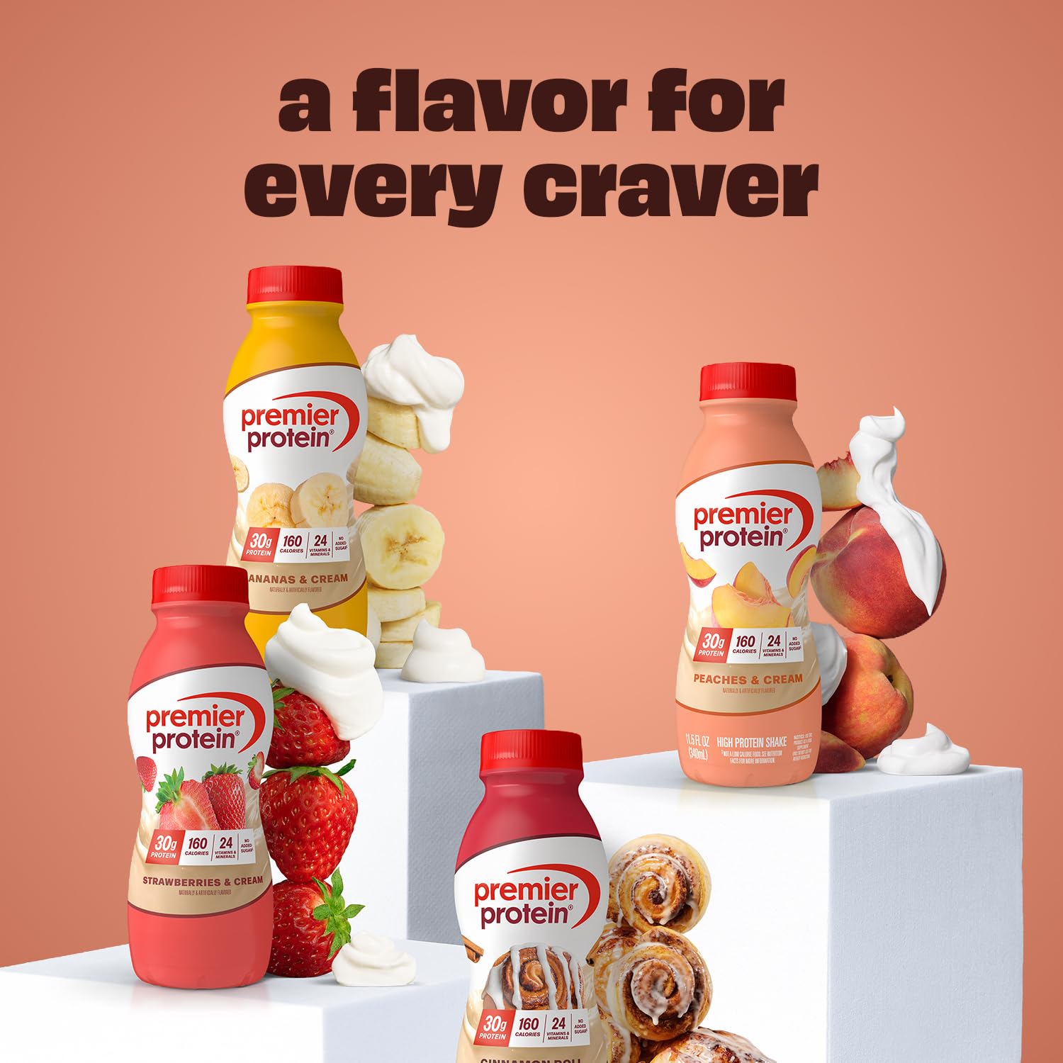 Premier Protein Peaches & Cream flavor display emphasizing the variety of flavors.