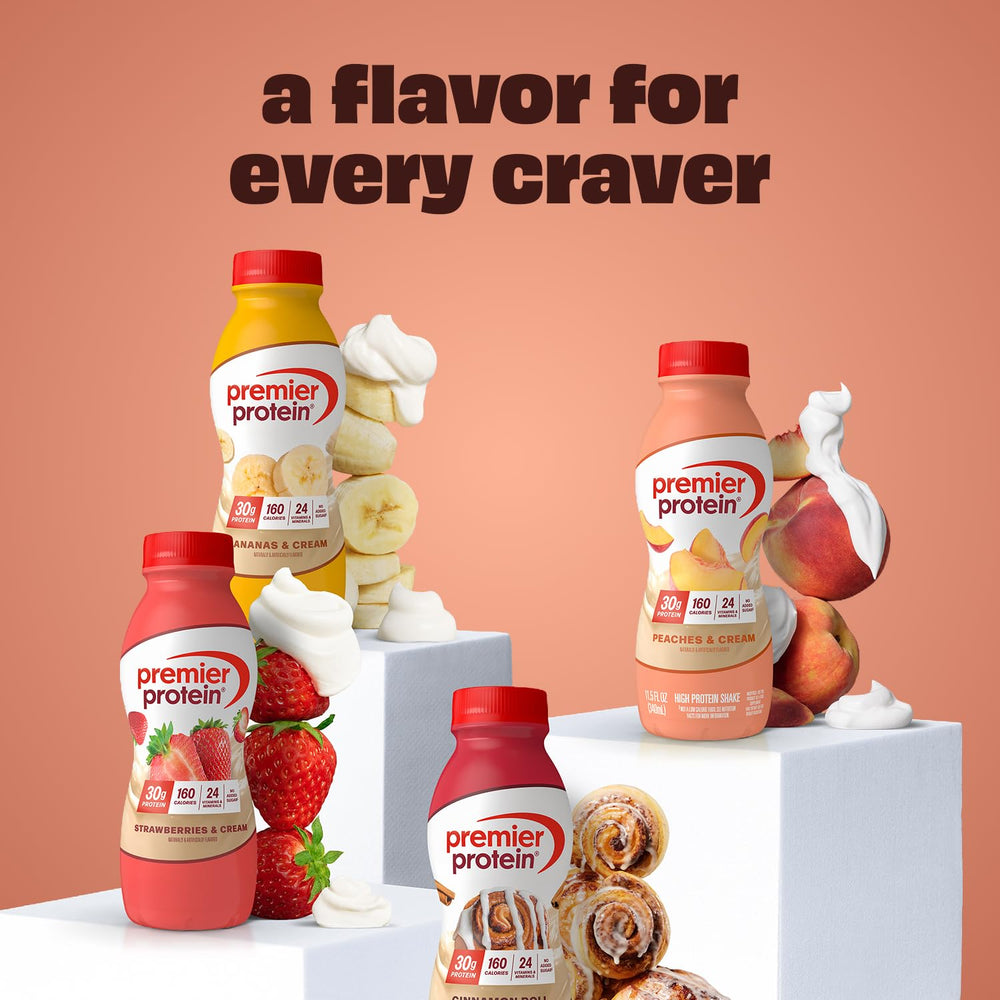 Premier Protein Peaches & Cream flavor display emphasizing the variety of flavors.