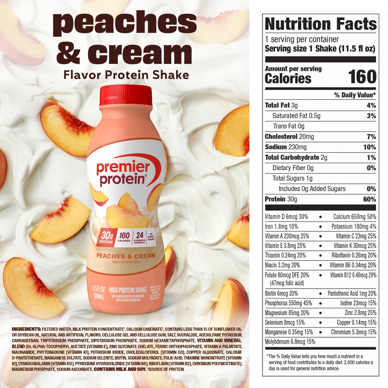 Premier Protein Peaches & Cream nutrition label close-up showing vitamins and minerals.
