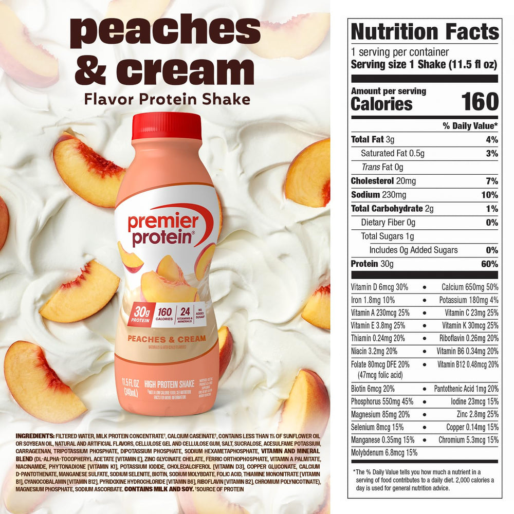 Premier Protein Peaches & Cream nutrition label close-up showing vitamins and minerals.