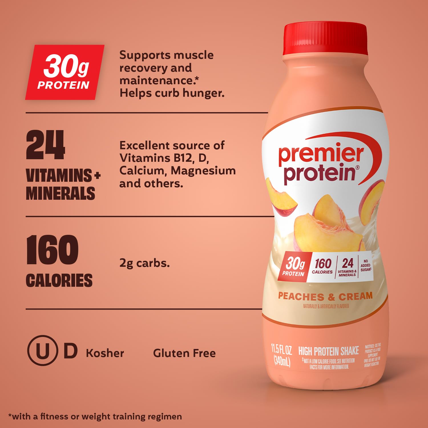 Premier Protein Peaches & Cream being poured into a glass for quick, protein-packed fueling.
