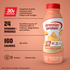 Premier Protein Peaches & Cream being poured into a glass for quick, protein-packed fueling.