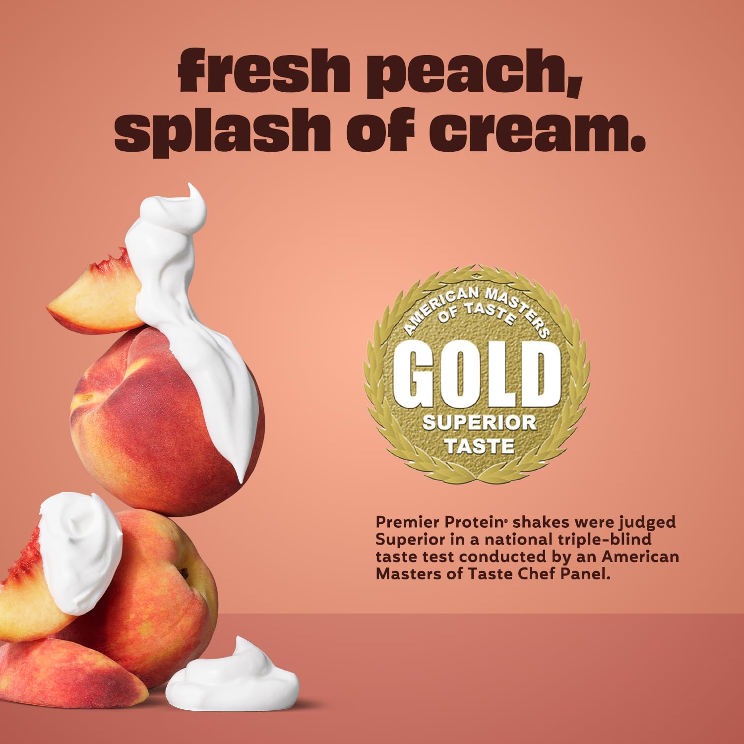Premier Protein Peaches & Cream bottle shown with cereals to suggest proffee or mix-in use.