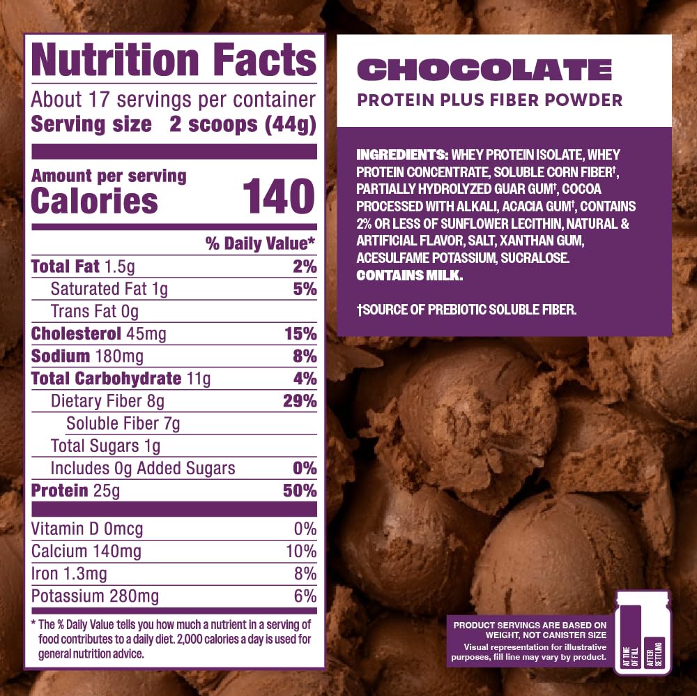 Premier Protein Plus Fiber Chocolate daily serving cup with milk