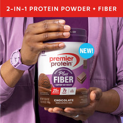 Premier Protein Plus Fiber Chocolate shaker ready for quick nutrition