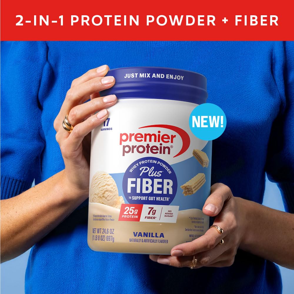 Premier Protein Plus Fiber vanilla powder scoop demonstrates easy portioning for shakes.