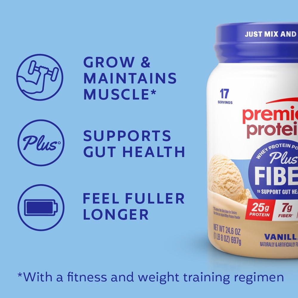 Premier Protein Plus Fiber vanilla servings suggesting balanced nutrition on the go.
