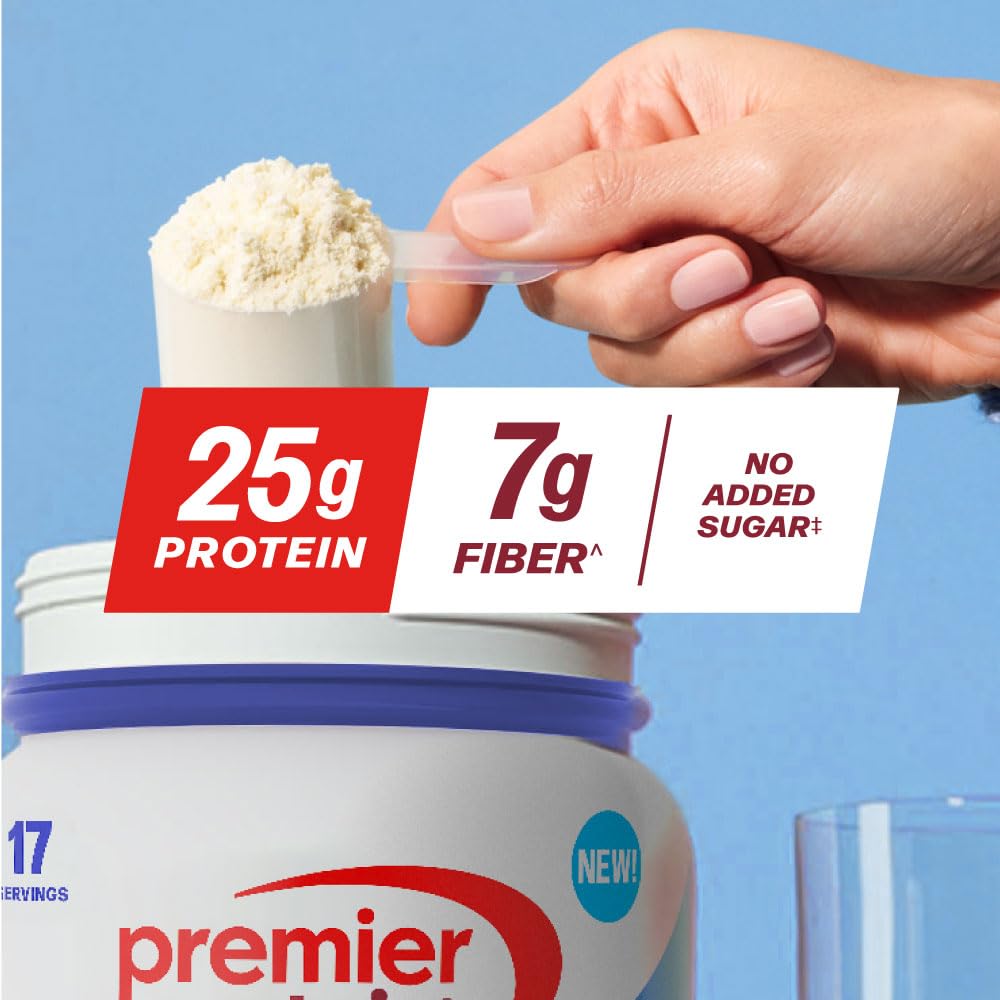 Premier Protein Plus Fiber vanilla shake shows quick, delicious meal supplementation.