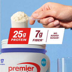 Premier Protein Plus Fiber vanilla shake shows quick, delicious meal supplementation.