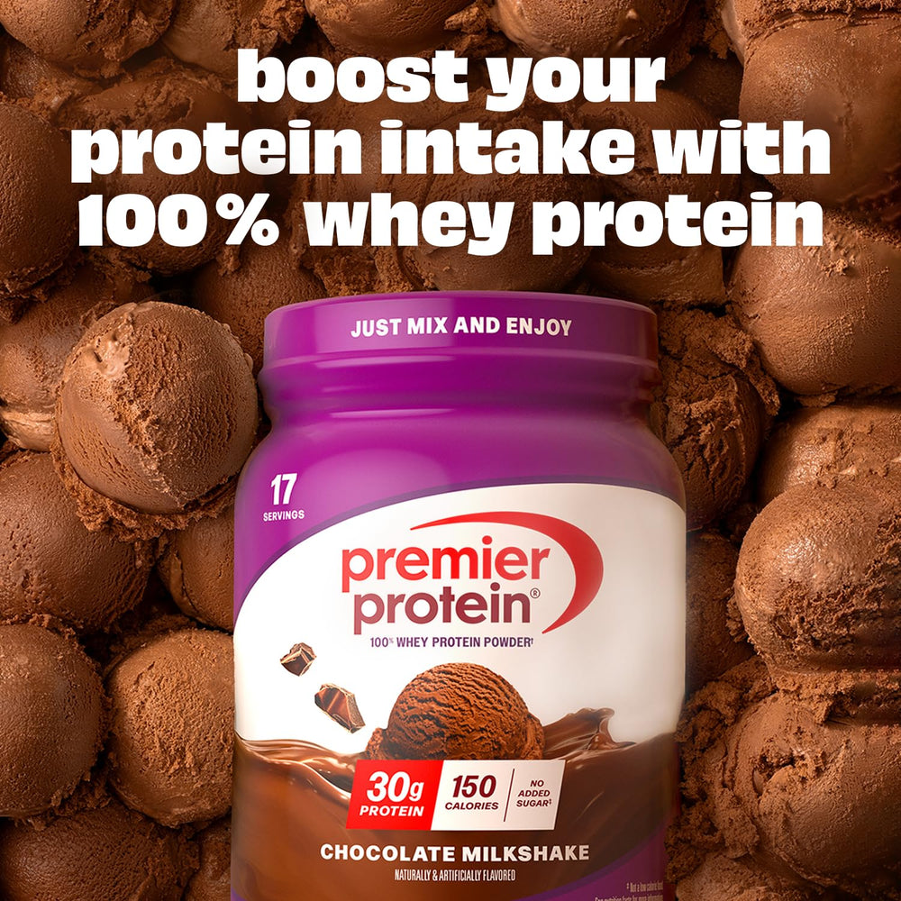 Premier Protein Chocolate Milkshake mix with water for quick, convenient shakes.