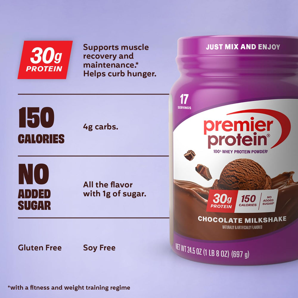 Premier Protein Chocolate Milkshake nutrition panel shows 30g protein per serving.