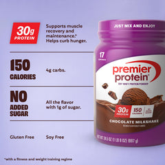 Premier Protein Chocolate Milkshake nutrition panel shows 30g protein per serving.