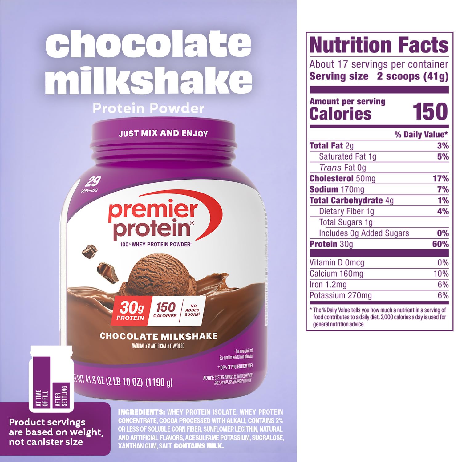 Premier Protein Chocolate Milkshake with scoop included makes measurement easy.