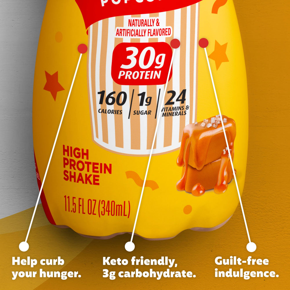 Premier Protein Salted Caramel Popcorn nutrition label highlighting vitamins and minerals.