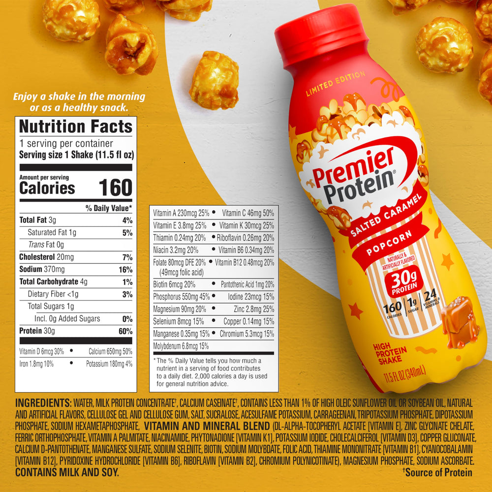 Premier Protein Salted Caramel Popcorn pack shot ideal for quick snack planning.
