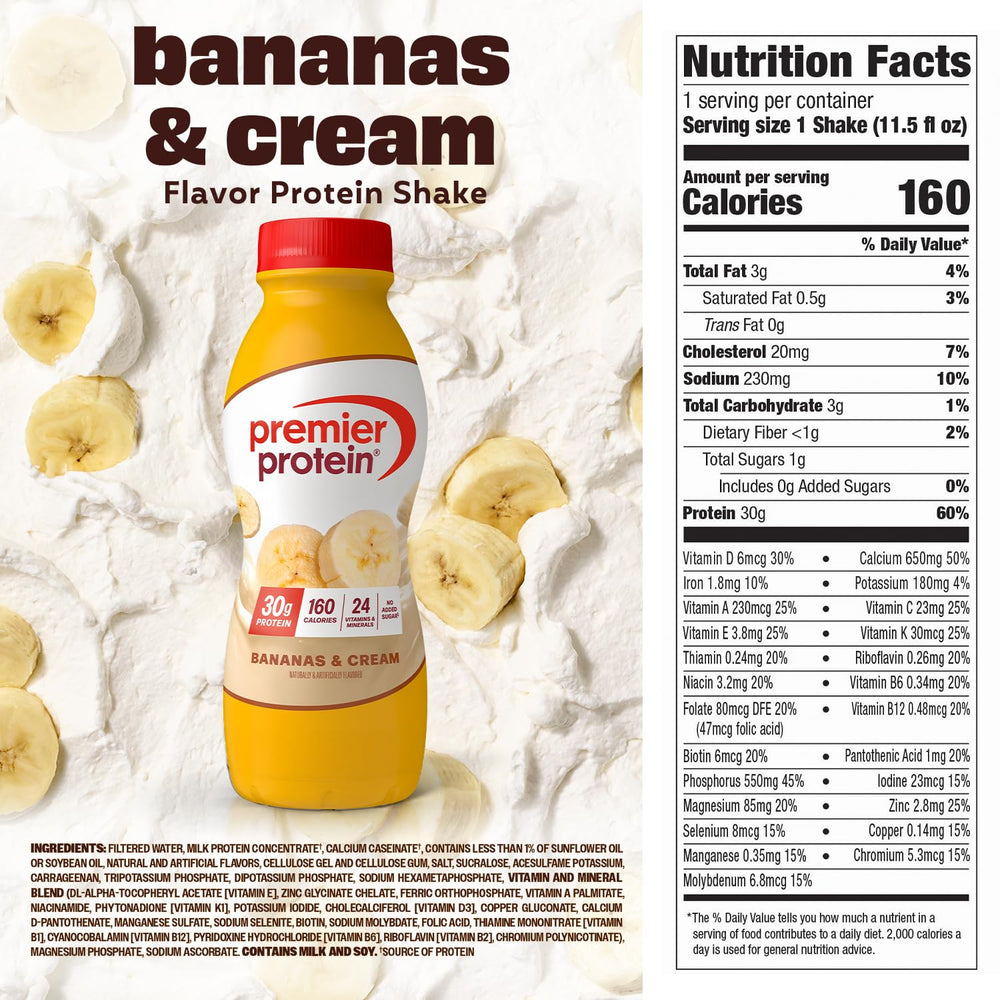 Close-up of the Premier Protein Bananas & Cream ingredients label