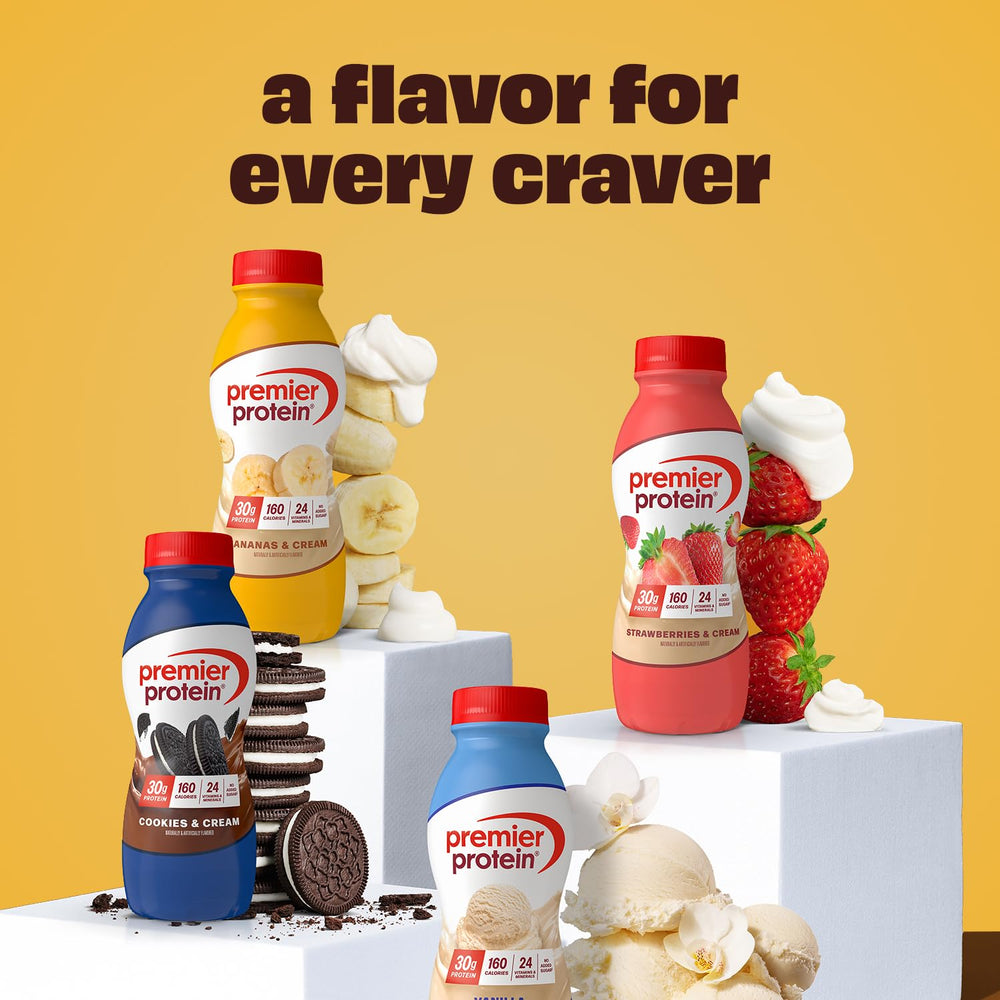 12-pack Premier Protein Bananas & Cream packaging on display
