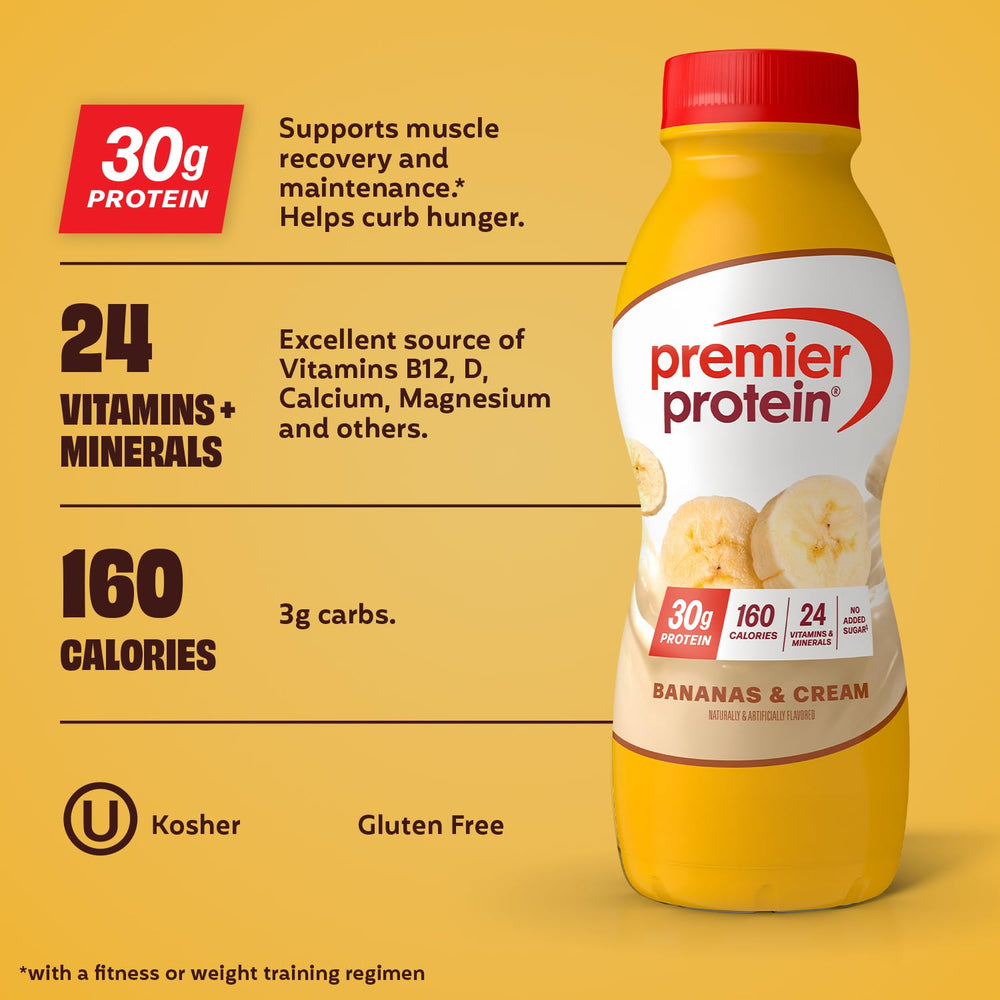 Creamy Premier Protein Bananas & Cream being poured into a glass
