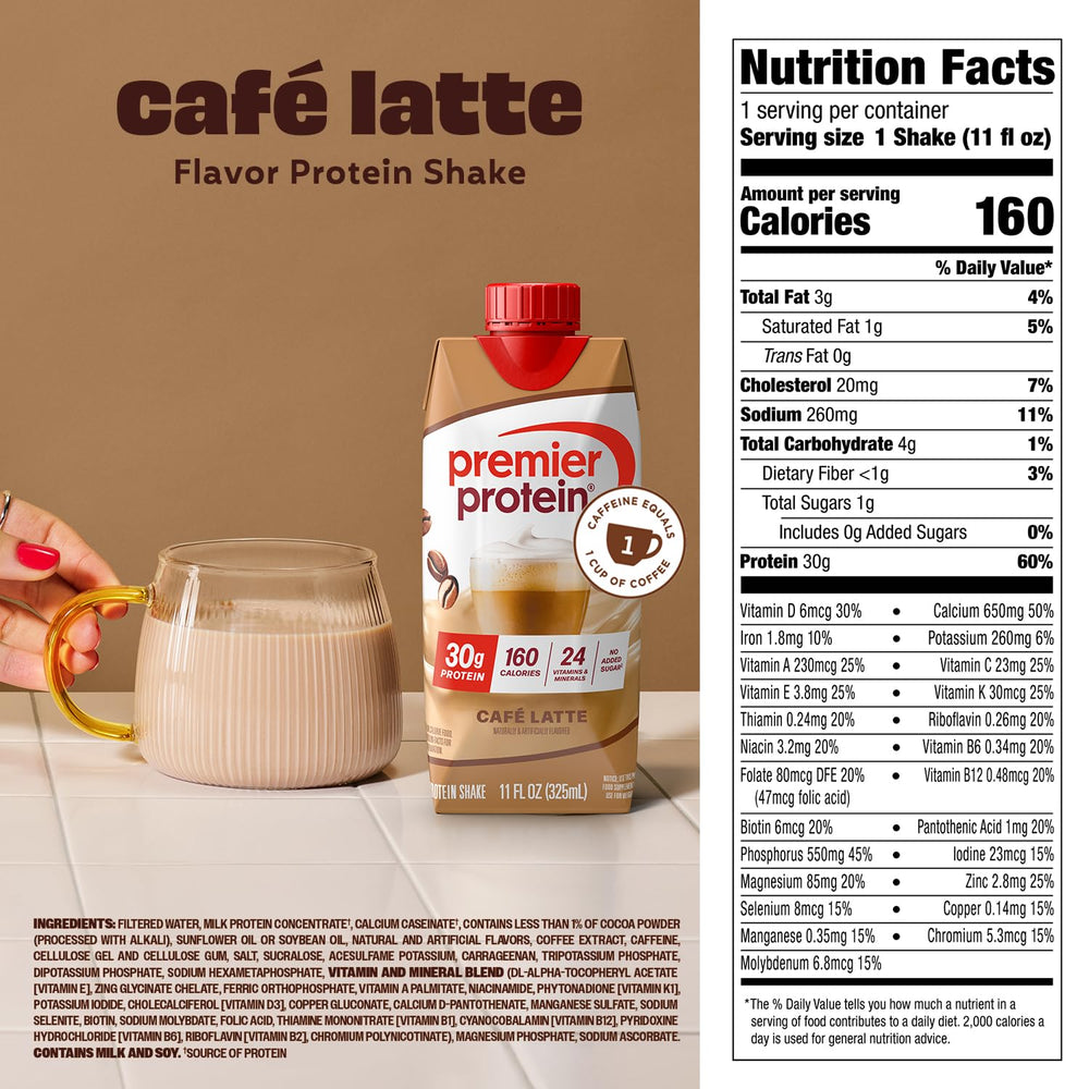 Pour of Premier Protein Cafe Latte shake showing smooth texture for a quick meal