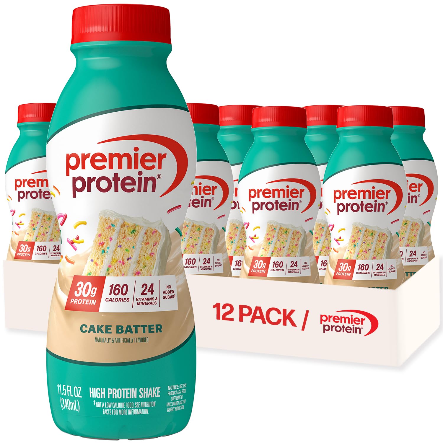 Premier Protein Cake Batter shake bottle front view highlighting 30g protein and low sugar.